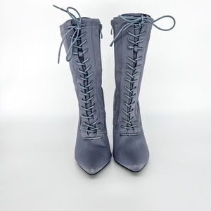 Yeezy style Gray satin stretchy heels with zipper and ties. Never worn.